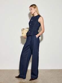 AiiRZ Top con chaleco de mezclilla con volante sin mangas, con botones delanteros, índigo crudo, con estructura ajustada, prenda de trabajo profesional, pieza de declaración de moda para primavera y verano - Azul - Ver 3