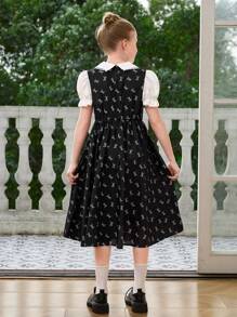 Tween Girl Dress - Fashionable Black Bow Print Dress With Waist Bag, Peter Pan Collar, Puff Sleeves, Casual Daily Wear For Summer - Black - View 2