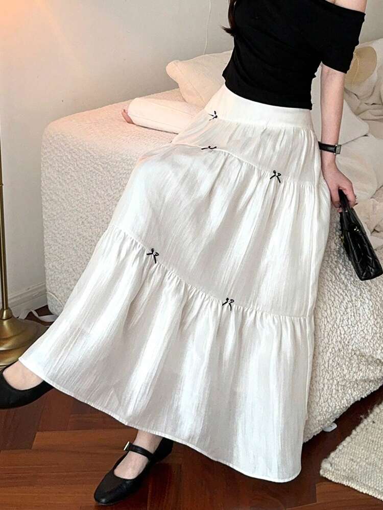 Women's Korean Style Bow A-Line Glossy Solid Color Skirt Fall Skirts