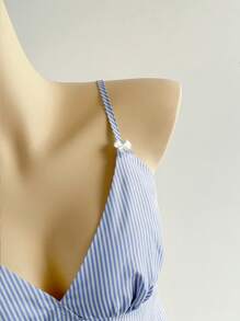Elamini 蓝白条纹 V 领收腰蝴蝶结荷叶边吊带背心，女士休闲甜美假日旅行日常装，春夏 - 藍色 - 查看 4