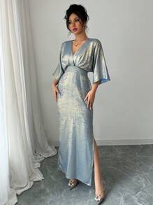 Elenzga 女士优雅休闲通勤派对情人节金属开衩长裙，春夏 - 藍色 - 查看 4