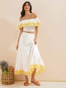 WESTFADE Western Country Spring Colorblock Floral Embroidered Smocked Waist Ruffle Hem Skirt For Summer Beach Vacation