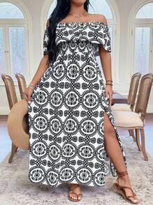 SHEIN Clasi Große Größen Mode neuer bedruckter Saum, Off-Shoulder Urlaubs-Stil Urlaubskleid Frühlings-Kleid Strand Damen Outfit Sommer Damen Outfit Sommerkleid Boho, Weniger schwarze Sommer Outfits für Damen St. Patrick Tag Rave Outfits Festival Frühlingsferien Outfits St. Patrick Boho - Schwarz und Weiss - Übersicht 4