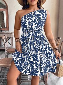 SHEIN Clasi Plus Size Women Plant Print Sleeveless Halter Dress, For Vacation - Blue - View 5