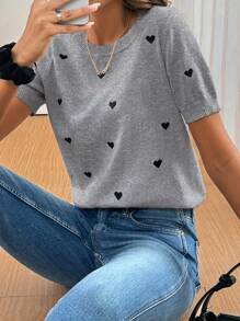 SHEIN Frenchy 女士休闲心形图案短袖针织上衣，春夏 - 灰色 - 查看 5