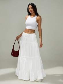 SHEIN PETITE 女式纯色腰带荷叶边下摆休闲裙 - 白色 - 查看 2