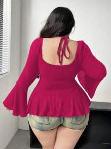 Flirla تي شيرت طويل الأكمام بخط رقبة على شكل القلب أنيق ذو حزام للخصر وقص على شكل حرف A بأحزمة متقاطعة بحجم كبير