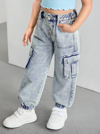 Unisex Kleine Mädchen Urban Street Wild Country Outdoor Stil ausgewaschene Relaxed Cargo Jeans mit Multitaschen, elastischem Bund und Knopfverschluss