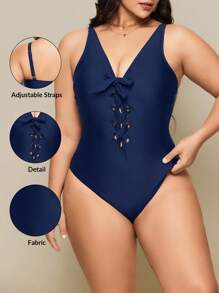 SHEIN Swim Plus Size Women's Minimalist Daily Beach Front Tie Decor Adjustable Strap One-Piece Swimsuit, Summer - Navy Blue - View 1