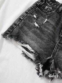 SHEIN Quần short denim cạp cao rách màu trơn, bạc màu, có gấu quần tua rua và túi rách, phong cách boho mùa hè cho bé gái, quần short rộng thùng thình đi biển, dự tiệc hòa nhạc, lễ hội, tiệc tùng, lễ tốt nghiệp. - Màu xám đen - Xem 3