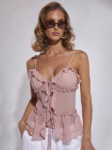 COSMINA Camiseta sin mangas elegante de vacaciones con volantes y lazo frontal para mujer, color rosa