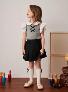 PrepCrw 年轻女孩春夏学院风撞色领/袖 T 恤和迷你裙套装 - 彩色 - 查看 4