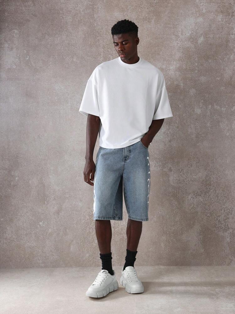 SUMWON Designer Skater Denim Shorts Loose Fit Printed Gothic Letters Street Style Casual Urban Summer Fashion Oversized Relaxed Streetwear Shorts