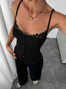Siren Gaze Women's Summer Contrast Lace Front Button Camisole Black Casual