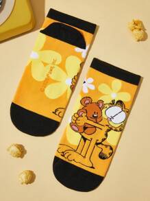 GARFIELD X SHEIN 3 Pairs Cat & Dog Pattern Breathable & Soft Short Socks, Reinforced Toe & Heel, Suitable For All Seasons,Women,Girl