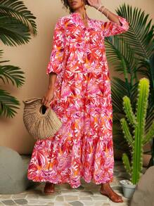 Travachic Tropical Print Chiffon Ruffled Halter Neck Dress, Perfect For Holiday - Red - View 4