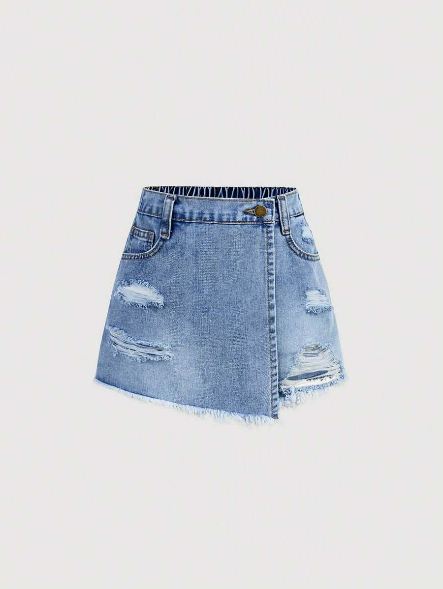 SHEIN Girlism Tween Girl Spring And Summer Boho Ripped High Waist Wrap Front Denim Skort, Summer Break - Light Wash - View 1