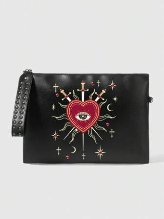 Goth 1pc Women's Clutch Bag With Heart, Sun, Cross, And Teardrop With Red Gemstone Design