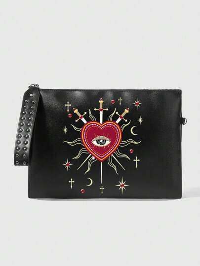 Goth 1pc Women's Clutch Bag With Heart, Sun, Cross, And Teardrop With Red Gemstone Design