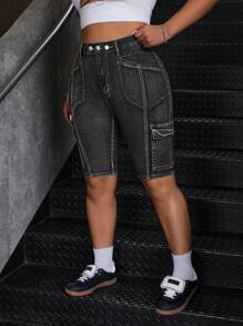 SHEIN ICON Plus Size Summer Casual Distressed Skinny Denim Shorts - Black - View 3