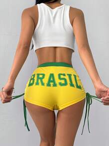 SHEIN EZwear 女士时尚休闲短裤，适合夏季 - 黃色 - 查看 4