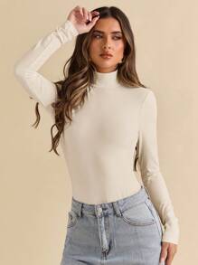 SHEIN BAE Bộ đồ liền thân dài tay khoét sâu gợi cảm cho nữ - Màu be - Xem 5