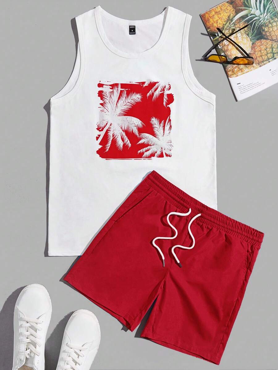 Manfinity VCAY 2pcs Men's Casual Palm Tree Print Knit Sleeveless Tank Top And Drawstring Waist Straight Fit Shorts Set, Suitable For Vacation - Red - View 1