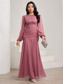 Veilorie Đầm bodycon nhún bèo tay đèn lồng màu hồng sen, vải chiffon - Bụi hồng - Xem 3