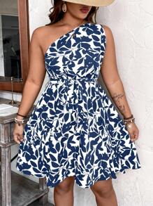 SHEIN Clasi Plus Size Women Plant Print Sleeveless Halter Dress, For Vacation - Blue - View 3