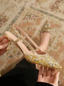 CUCCOO TILAWA Women's Pointed Toe High Heel Rhinestone Wedding Shoes, Gold Closed Toe Party Formal Heels - Gold - View 2