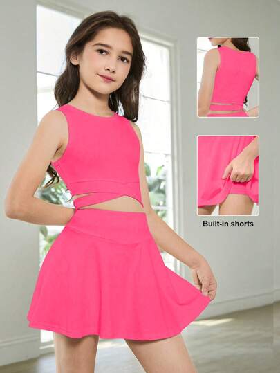 SHEIN Tween 女孩 2 件套运动背心和网球裙套装，纯色紫红色，简约舒适，百搭校园风格运动跑步装，优雅高腰设计，贴身修身，弹力面料