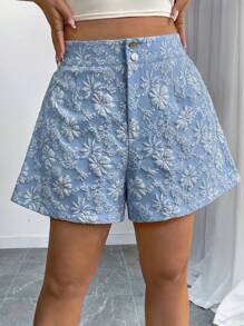 Elenzga Plus Size Women's Textured Fabric Button-Up Elegant Office Wear Shorts - Baby Blue - View 1