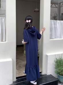 SHEIN Leap Crew Teen Girl Collegiate Letter Pattern Ruffle Hem Hooded Casual Dress - Navy Blue - View 2