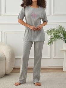 RueChic Women 2 Pcs Contrast Colour Slogan With Bow Pattern Homewear Lounge Set - Light Grey - View 5