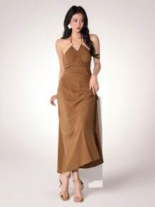 Heiryn Casual Beach Maxi Halter Dress For Women - Brown - View 1