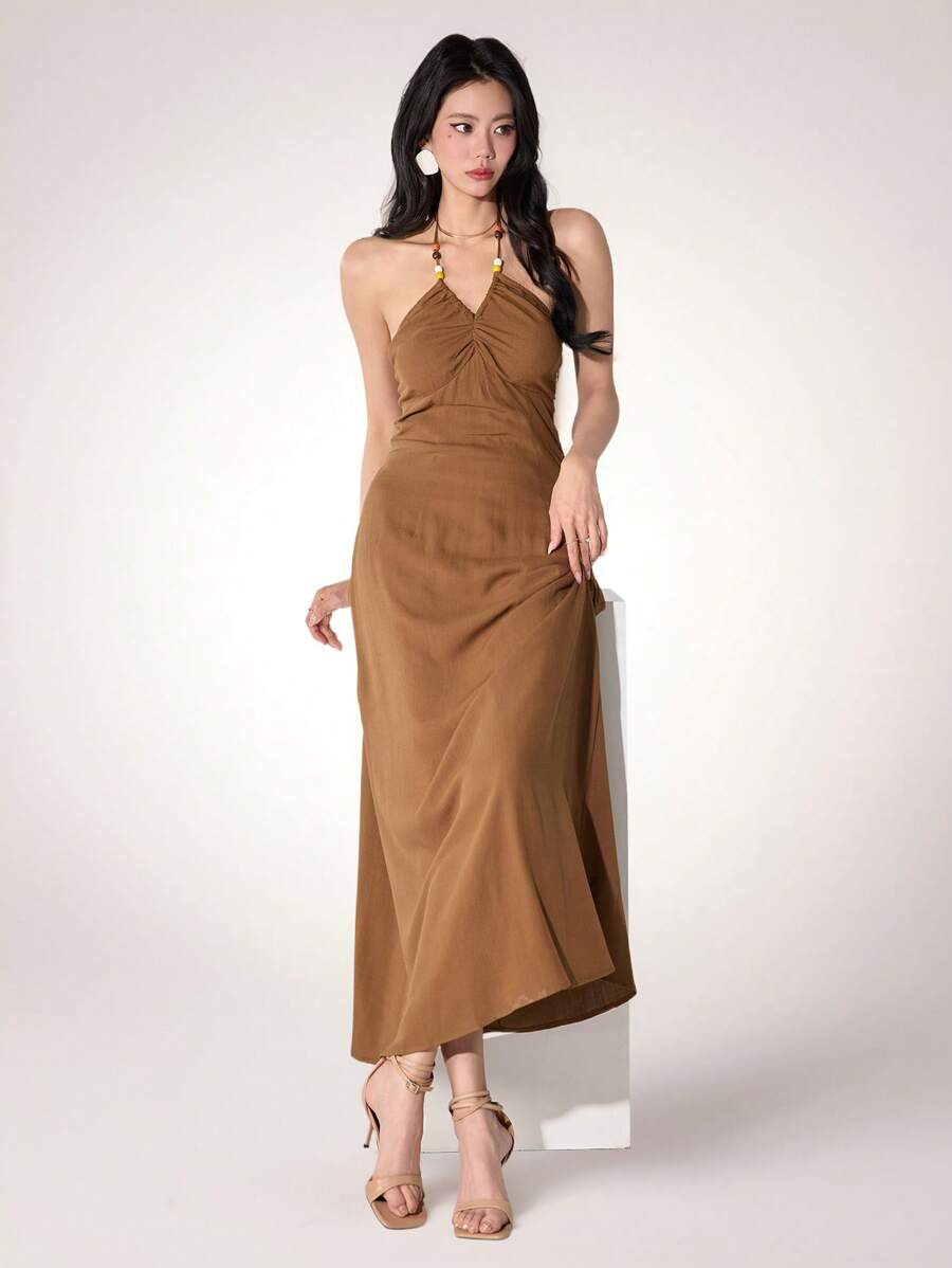 Heiryn Casual Beach Maxi Halter Dress For Women - Brown - View 1