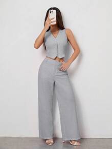 SHEIN PETITE 粉色西装背心上衣、直筒长裤、女士优雅西装套装 - 灰色 - 查看 1