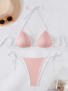 Swim SXY 2 Stücke Damen Solide Gepolstert Push-Up Glitzer Seitlich Gebundene Bandeau Bikini Set für den Strandurlaub - Pink - Übersicht 7