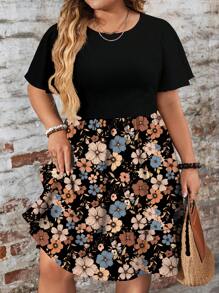 EMERY ROSE Váy suông cổ tròn tay ngắn họa tiết hoa chắp vá đơn giản rộng rãi cỡ lớn, phù hợp cho mùa thu/đông, váy đi biển, trang phục ngày lễ Boho - Nhiều màu - Xem 1