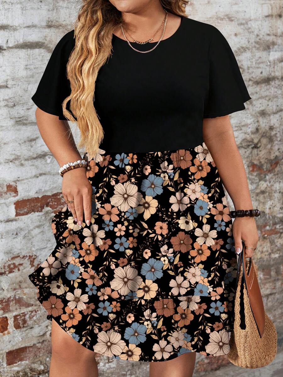 EMERY ROSE Váy suông cổ tròn tay ngắn họa tiết hoa chắp vá đơn giản rộng rãi cỡ lớn, phù hợp cho mùa thu/đông, váy đi biển, trang phục ngày lễ Boho - Nhiều màu - Xem 1