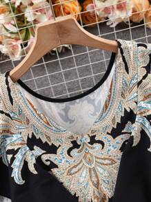 SHEIN Unity Frauen elegantes Lässig Kleid mit V-Ausschnitt, Rüschenärmeln, elastischer Taille und Blumenmuster, Farbe Schwarz, geeignet für den täglichen und Urlaubsgebrauch, Frühling/Sommer - Schwarz - Übersicht 4