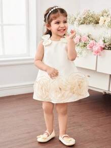 可爱优雅的杏色花朵蝴蝶结无袖女婴连衣裙 - 杏色 - 查看 7
