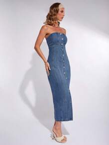 COSMINA 女士优雅牛仔抹胸连衣裙，春夏 - 藍色 - 查看 6