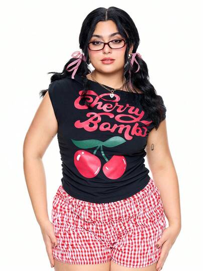 Kawaii Camiseta asimétrica de hombros para mujer de talla grande con estampado sexy de cerezas al estilo campestre