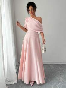 Rafferiza 女士优雅不对称肩短袖雪纺拼接 A 字连衣裙 - 粉色 - 查看 6