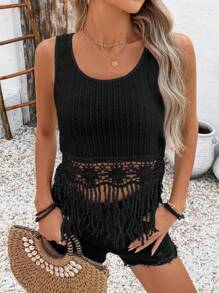 Breezaya Áo ba lỗ vải ren kết cấu thanh lịch giản dị dành cho nữ - màu đen - Xem 6