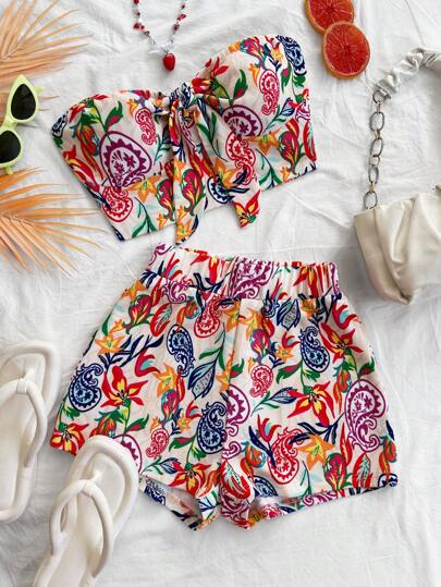 Dreamara Conjunto de 2 piezas de mujer talla grande: top cropped halter con estampado de paisley colorido y lazo atado, y shorts de cintura elástica