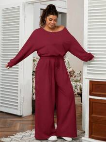 CovetEZ Plus Size Casual Solid Color Sweatshirt & Sweatpants 2 Pieces Set - Burgundy - View 3