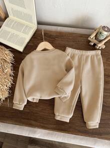 SHEIN Baby Boys Casual Minimalist Cartoon Bear Pattern Knit Soft Crew Neck Sweatshirt And Pants Set, Thicken For Autumn Winter - Khaki - View 2