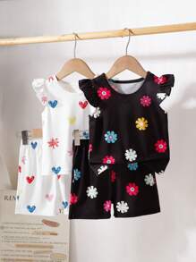 4pcs/Set Casual Baby Girl Heart & Floral Print Ruffle Trim Short Sleeve Top + Shorts Set, 2 Pieces Outfit, Summer Holiday Outdoor Wear - Multicolor - View 2